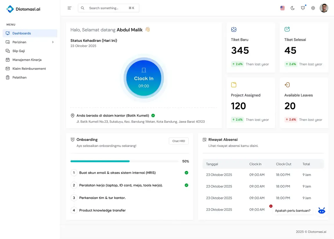Dashboard HRIS Diotomasi yang menampilkan status kehadiran, tiket HR, proyek, cuti, dan proses onboarding.